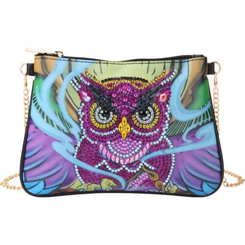 Shaped Diamond 5D DIY Diamond Painting Rose Red Owl Leather Crossbody Chain Bags DIY Diamond Embroidery Zipper Bag Wallet Pouch