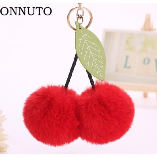 Cute Faux Rabbit Fur Ball Pompom Cherry Keychain Fluffy Pompon Key Chain Pom Pom Toy Keyring Bag Charms Car Trinket 2C0347
