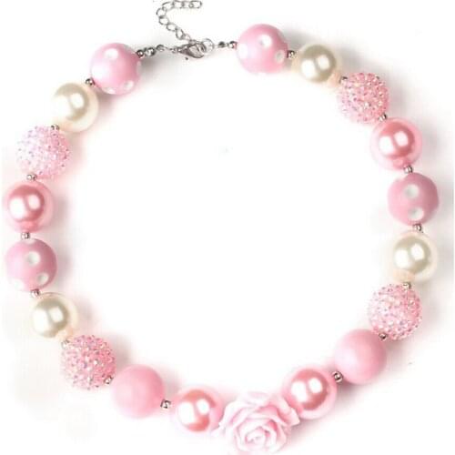 Girls Adorable Gift Pink Rose Flower Charm Chunky Bubblegum Necklace Environmental Safe Acrylic Beads Strand Jewelry Accessories