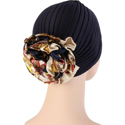 Stretchy Satin Flower Turban Bonnet For Women Muslim Under Hijab Caps Solid Color Islamic Inner Hijabs Headwrap Chemo Cap