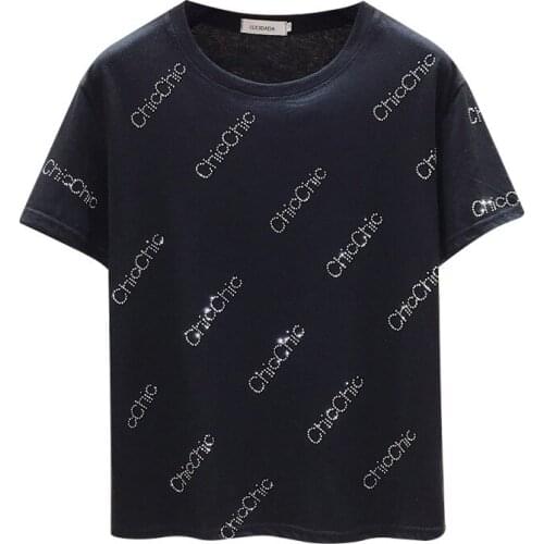 Summer Alphabet Hot Drill Black White Women Short-sleeved T-shirt Loose Wild Cotton Casual Round Neck Stitching Female Tees Tops