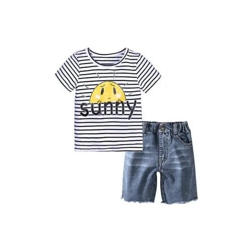 PUDCOCO Little Baby Boy’s Cotton Short Sleeve Set Cute Cartoon Print Pattern Round Neck Top Elastic Denim Short Pants 1-7Y