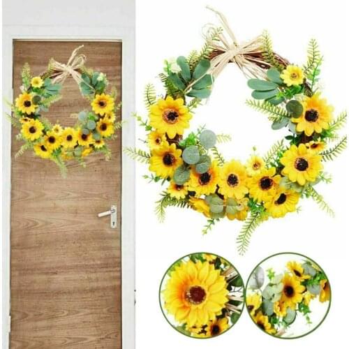 Artificial Sunflower Summer Wreath Decorative Fake Flower Wreath Green Leaves Front Door Indoor Wall Decoration