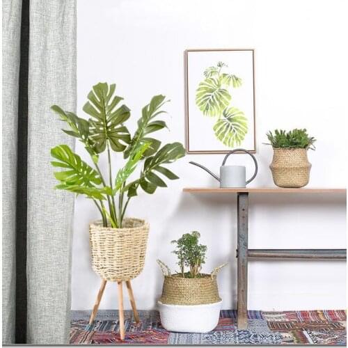 Handmade Bamboo Storage Baskets Laundry Straw Patchwork Wicker Rattan Seagrass Belly Garden Flower Pot Planter Basket