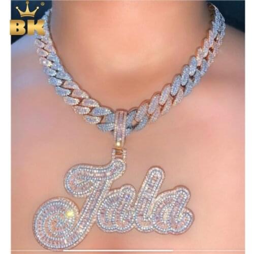 THE BLING KING Custom Baguette Letter Pendant Iced Out Bling Square CZ With 15mm Miami Cuban Chain Necklace Charm Hiphop Jewelry