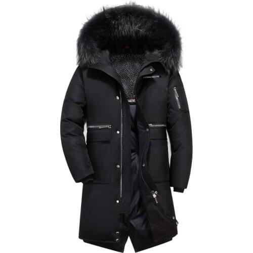 2020 Winter New Men Long White Duck Down Jacket Casual Real Fur Collar Thicken Warm Hooded Pattern Red Coat Male Brand Clothing