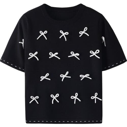 Japanese Sweet Bow Knit Pullovers Sweaters Korean O Neck Short Sleeve Sweater Autumn New Vintage Elegant Jumpers