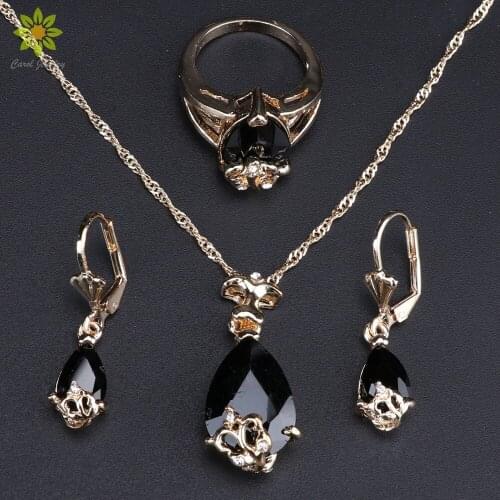 Fashion Women Jewelry Set Necklace Earrings Ring Water Drop Crystal Rhinestone 4 Color Jewelry Sets For Women