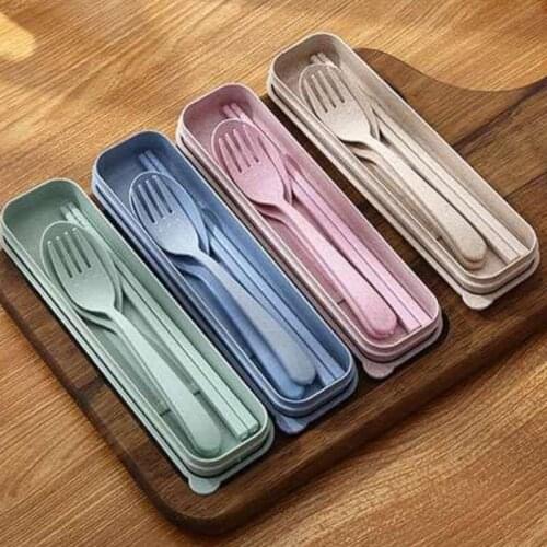 Portable Reusable Outdoor Camping Travel Wheat Straw Cutlery Tableware Set Fork+Spoon+Chopsticks 3pcs set