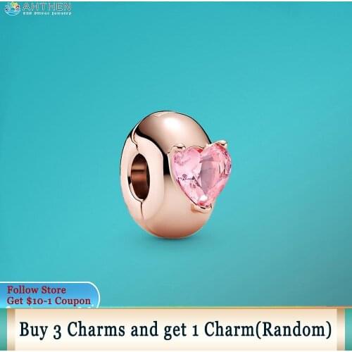 Ahthen 925 Sterling Silver Beads Pink Heart Solitaire Clip Charm fit Original Pandora Bracelets for Women Jewelry Making Gift