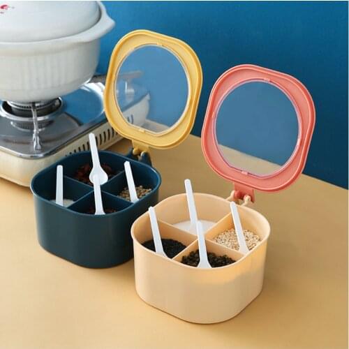 Separate Seasoning Box Spices Storage Container with Spoons Kitchen Cooking Tools Set 4 Grid Seasoning Jar for Salt and Pepper