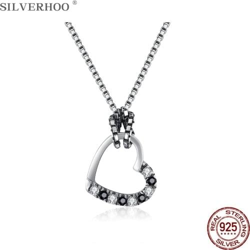 SILVERHOO 925 Sterling Silver Vintage Hollow Heart Necklaces Pendant Trendy Cubic Zirconia Necklace Women Anniversary Jewelry