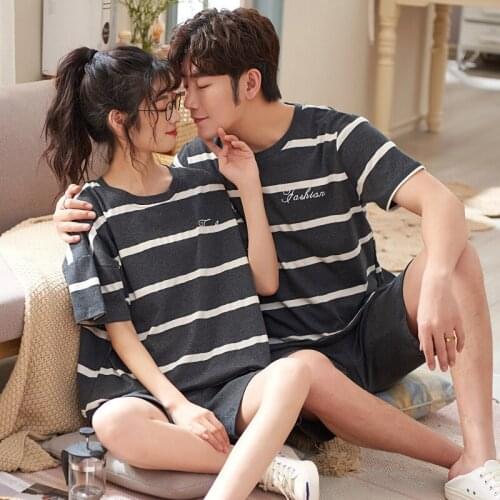 BALDAUREN Couple Pajamas Summer Short-Sleeved Thin Pajamas Women Cotton Home Clothes Striped Nightdress Set Mens Sleepwear