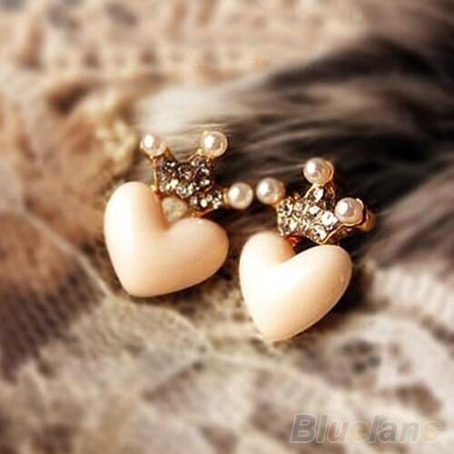 Hot Charming Fashion Lovely Crystal Rhinestone Crown Peach Love Heart Studs Earrings 7EKZ BEGK