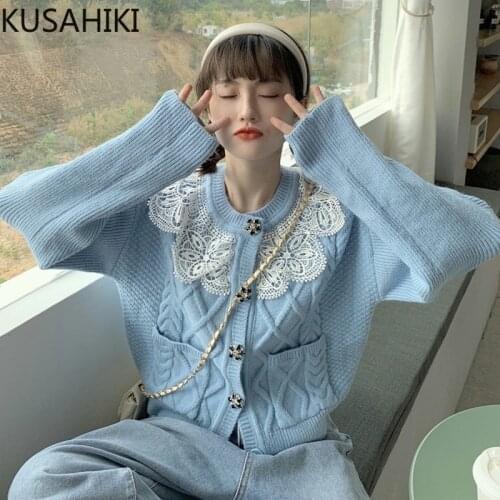 KUSAHIKI Chic Lace Patchwork O-neck Knitwear Coat Korean Twisted Long Sleeve Cardigan Sweater 2021 Autumn New Knit Jacket 6Z356