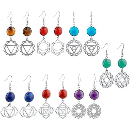 TUMBEELLUWA 1 Pair 7 Chakra Stone Dangle Earrings,Balancing Reiki Yoga Meditation Healing Jewelry