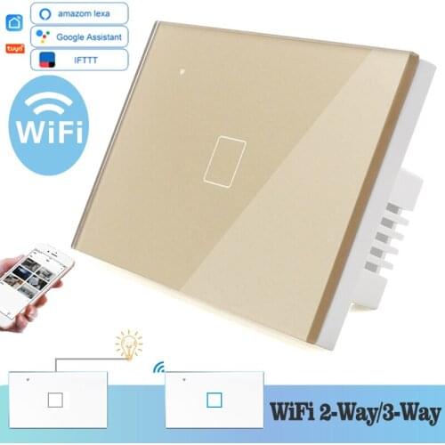 WIFI Touch Light Wall Switch Gold Glass Blue LED 118*72mm Smart Home Phone Control 1Gang 2Way Square Alexa Google Home Alice