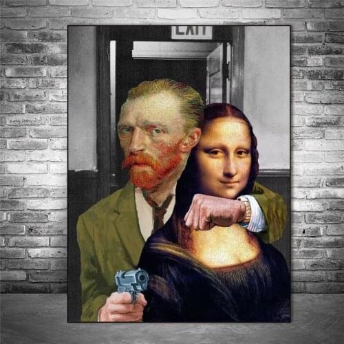Funny Art Van Gogh and Mona Lisa Driving Canvas Posters Abstract Smoking Oil Paintings on Canvas Wall Pictures Home Wall Decor