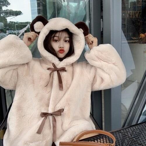 Lolita Soft Girl Plush Coat Women Cute Winter Hooded Jacket Bear Ear Thickened Imitation Rabbit Fur Harajuku Solid Outwear