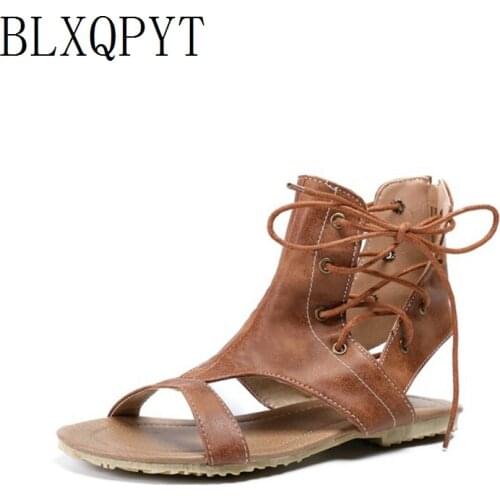 BLXQPYT 2019 New Super Big Size 34-52 Women Sandals Vintage Summer Gladiator Beach Shoes woman Leather Flat Sandalias Mujer 1906