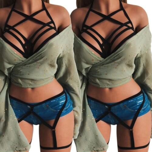 Women Elastic Body Harness Lingerie Set Erotic Caged Cross Bandage Cupless Bra Hollow Out Strappy Garter Belts Gothic Clubwear