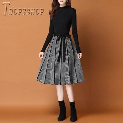 2019 Fake Two Piece Slim Women Dress Patchwork Autumn Winter Female Bottoming Dresses