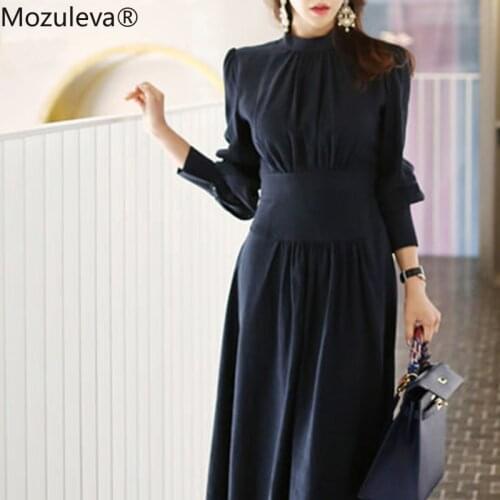 Mozuleva 2021 new Korean ladies social collar simple dress female Zippers Full Regular Natural Stand Sheath Office Lady