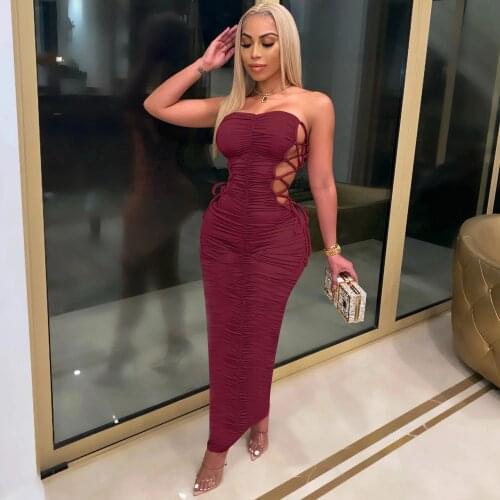 2021 Best Quality Famous Brand Dress Solid Bandage Slash Neck Strapless Summer Celebrity Party Maxi Dress Vestidos