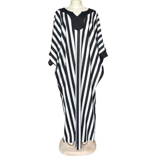 African Clothes Plus Size Striped Maxi Dress Women Robe Casual Loose Black White Striped Bat Sleeve Long Dress Oversize