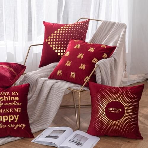 Velvet red letter happy life home decorative cushion cover cute bee gilding shining pillow cover dot circle seat soft pillowcase