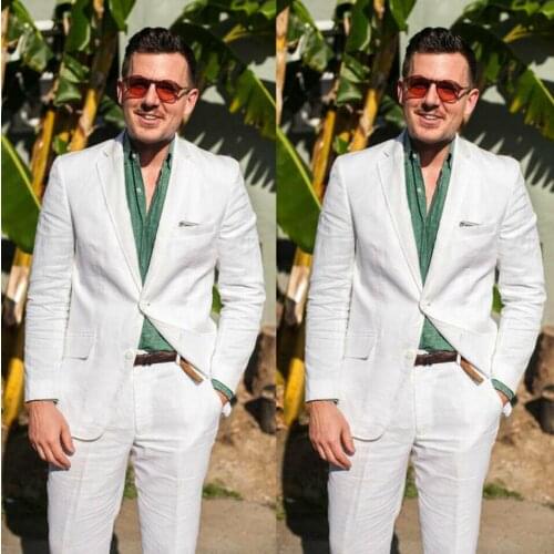 White Linen Tuxedo Beach Men Suit Slim Fit Two Button Notched Lapel Formal Groom Wear Tuxedos(Jacket+Pants)