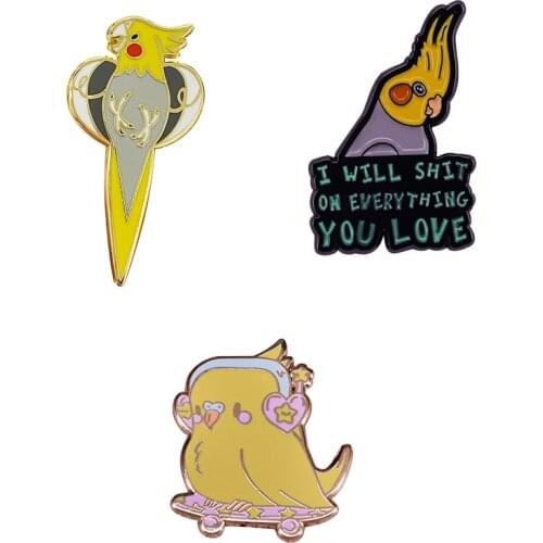 Skateboarding Budgie / Cuddling Cockatiel Fun Hilarious Brooch Cute yellow Birds Pet Pins Parrot Badge