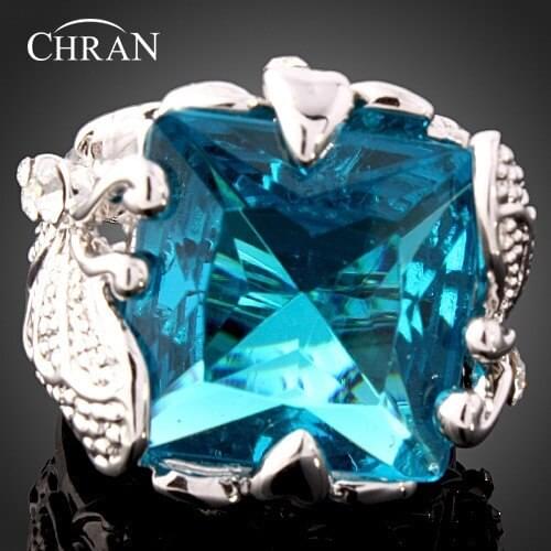 CHRAN Luxury Vintage Style Silver Plated Bule Crystal Stone Rings for Women Party Gift