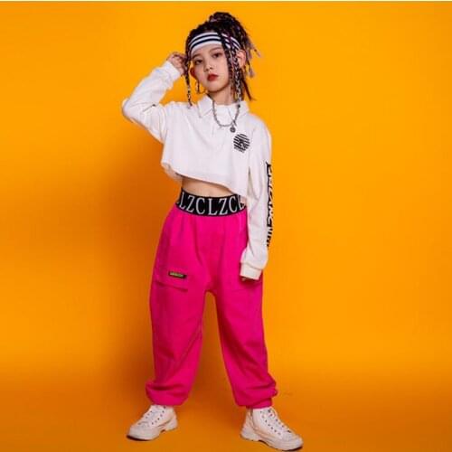 Kids performance Hip Hop Dancing Clothing Sweatshirt Crop Tops Pink Pants Girls Drum Concert Jazz Dance Costume Clothes Wear