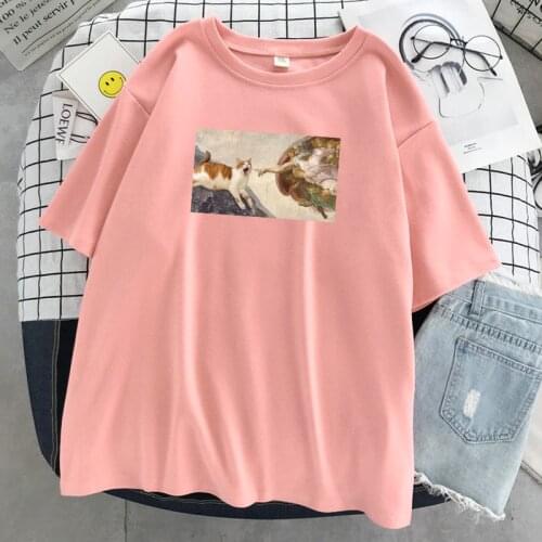 Cat breaking into a famous painting T Shirt Women Pattern O-Neck T Shirts Simplicity Soft Tops Hip Hop Oversize T-Shirts Womens
