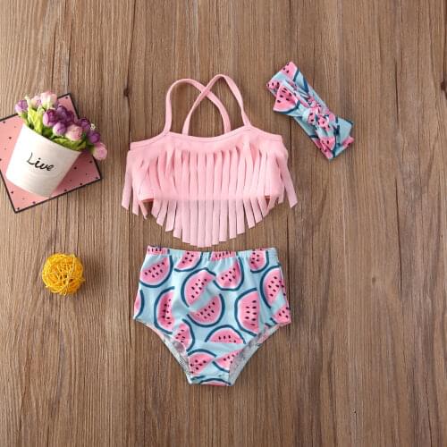 Newest arrival Baby Girl 3 Pieces Bikini Sets Tassel Sling Crop Tops+Watermelon Printed Shorts+Headband Swimsuits Outfit