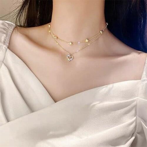 Fashion Cubic Zirconia Double Layer Heart Necklace Gold Color Chain Necklaces For Women Jewelrry