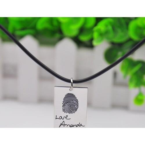Engraved Your Fingerprint Necklace Custom Hand Written Stamp Necklace Rectangle Charm Men Pendant Signature Memorial Jewelry