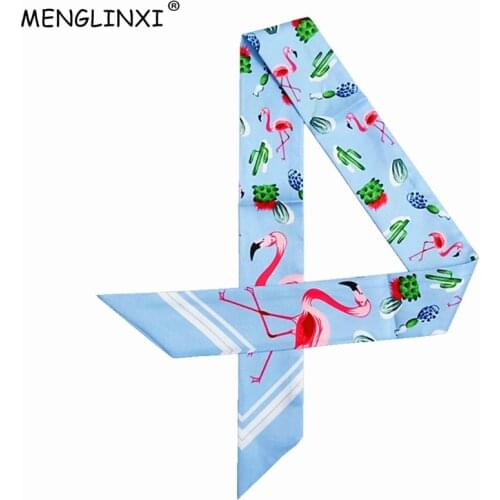 2021 New Flamingo Cactus Print Skinny Scarf Luxury Brand Silk Scarf Women Foulard Bag Ribbons Fashion Small Long Head Scarves
