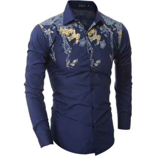 Spring new mens clothing European and American style fine print mens casual trim long-sleeved shirt