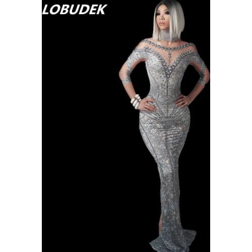 2019 New Fashion Silver Rhinestones Printing Sheath Dress Female Singer Models Host Evening Party Mermaid Long Dress Stage Dress