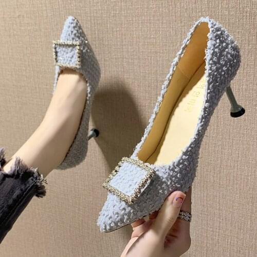 Pure color suede shallow mouth womens shoes spring and autumn new fashion all-match rhinestone square buckle pointed high heels