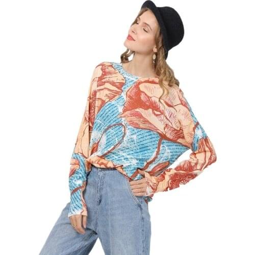 Autumn Printing Pullover Knitted Round Collar Sweater Womens Top Fashion Light Long Sleeve
