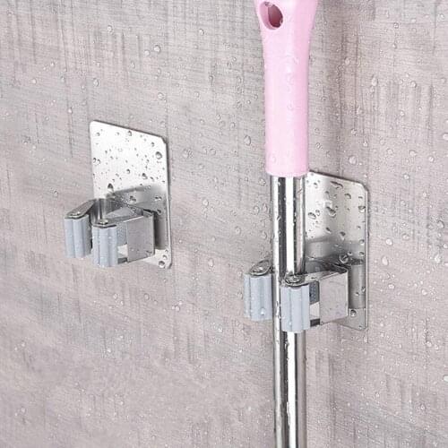 Hole-free wall-mounted mop holder, self-adhesive mop clip, heavy-duty broom hanger, for bathroom and kitchen balcony