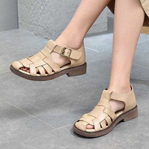 Summer Shoes Women Sandals Retro Genuine Leather Sandalias Mujer 2021 New Handmade Weave Buckle Strap Hollow Platform Sandals