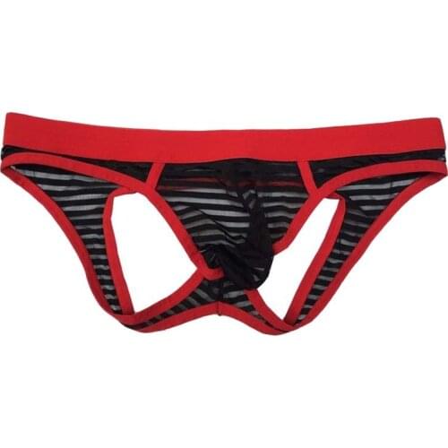 Sexy Lingerie Men Low Rise Sheer Stripe Open Butt Bikini Brief Breathable T-Back Gay Erotic Underwear See Through Underpants XXL
