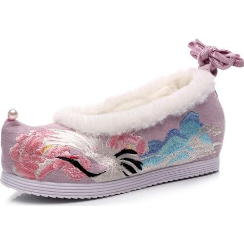 Autumn Winter lolita Women Warm Cotton Flat Ladies Lace Up Comfort Casual Flats Retro Crane Wave Embroidered Shoes Woman