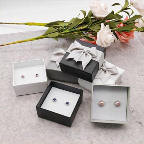 Jewelry Box Gift Case Rings Earrings Packaging Boxes Ribbon Bowknot Paper Cardboard Sponge Square Display Package Accessories