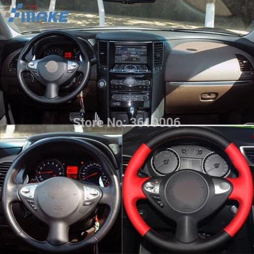 SmRKE For Infiniti FX35 Juke Nissan Maxima Sentra Hand-stitched Anti-Slip Black Red Leather Red Thread DIY Steering Wheel Cover