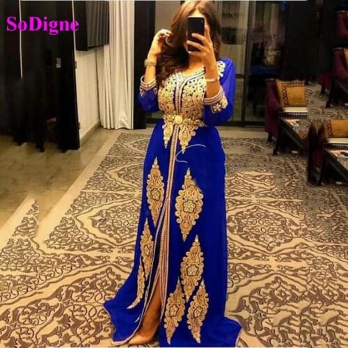 SoDigne blue Caftan karakou algerien Evening Dresses Long Sleeve Prom Dress Satin Gold Lace Muslim Evening Gown 2020